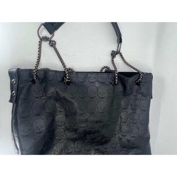 Skull Embossed Faux Pat Leather w/Chain Straps Bucket Bag Black Purse No Scarf - Picture 5 of 5